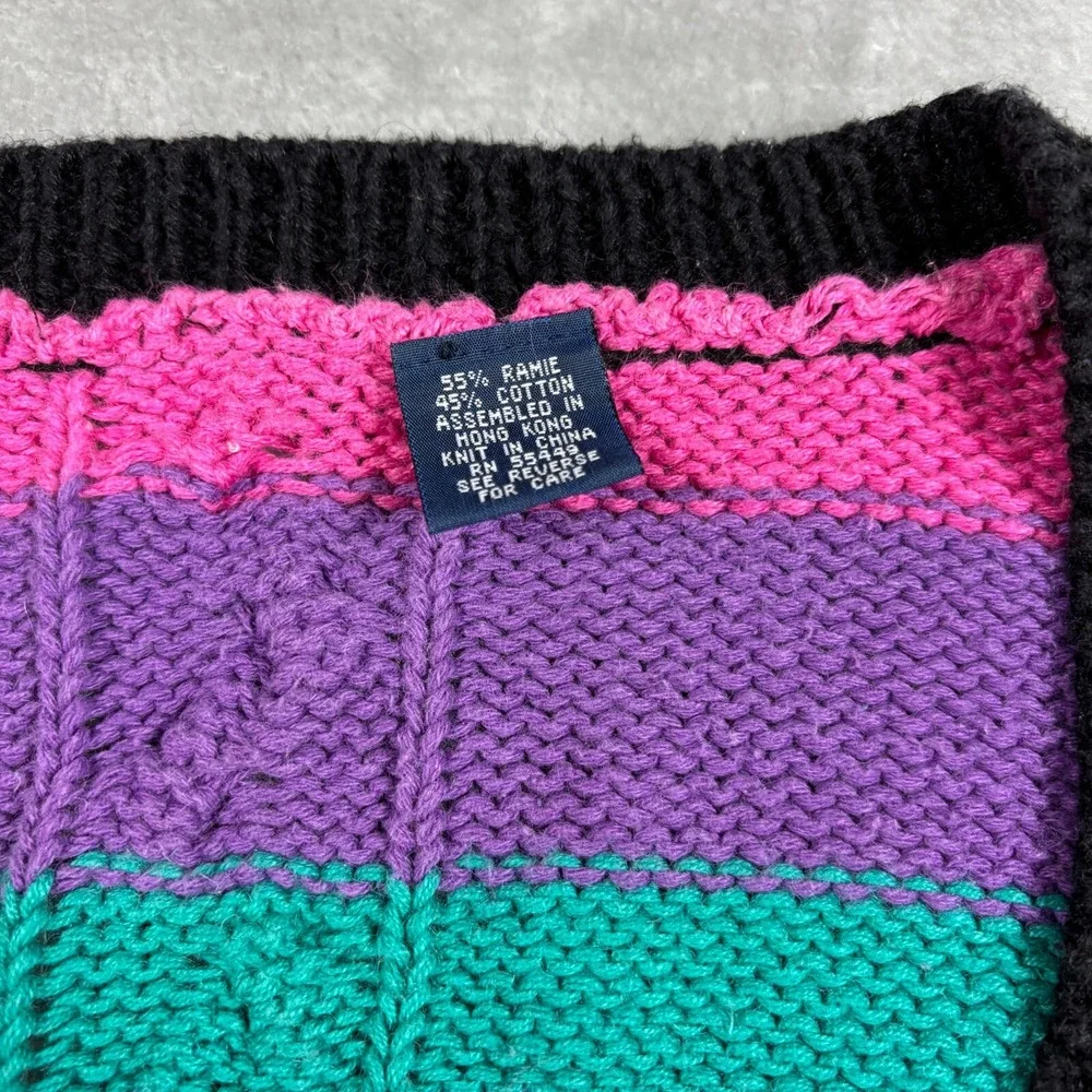 Vintage Cable Knit Sweater Women XL Pink Striped V Neck‎ Colorful 80s Cottage